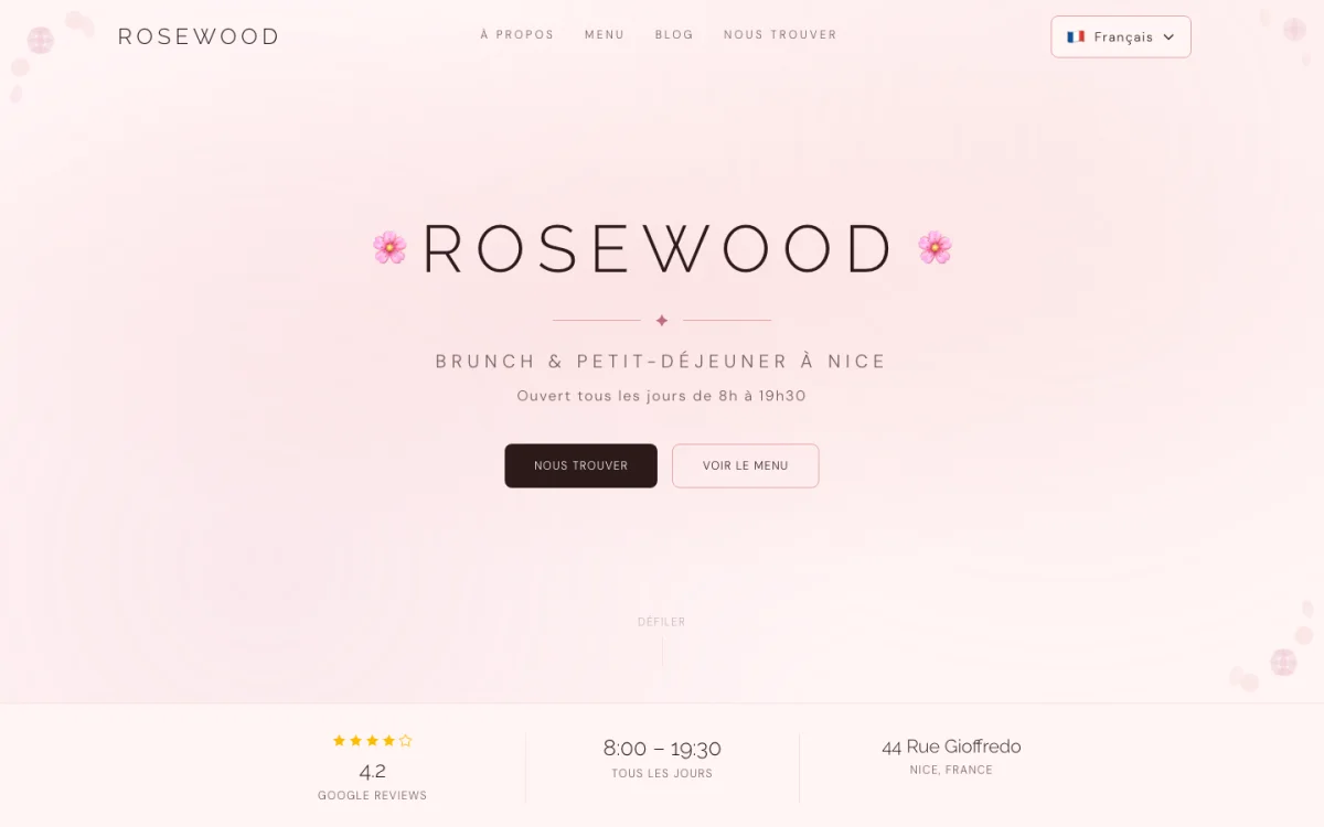 Page d'accueil du site de Rosewood, restaurant de brunch et petit-déjeuner du centre de Nice